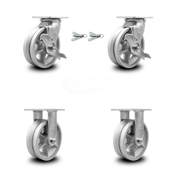 6 Inch V Groove Semi Steel Caster Set with 2 Brakes/Swivel Lock 2 Rigid SCC